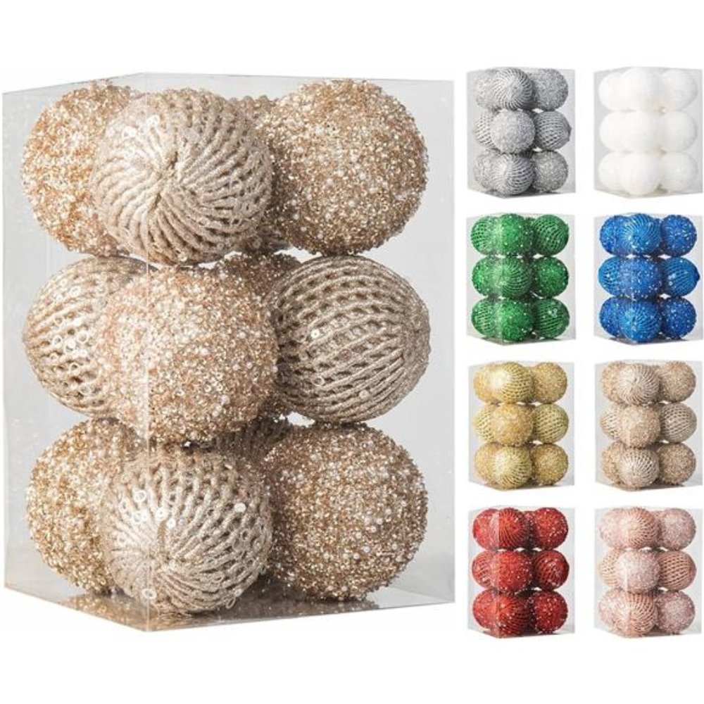 3.15" Christmas Ball Ornaments 12 pcs Glitter Sequin Balls (Champagne Gold, 8cm)